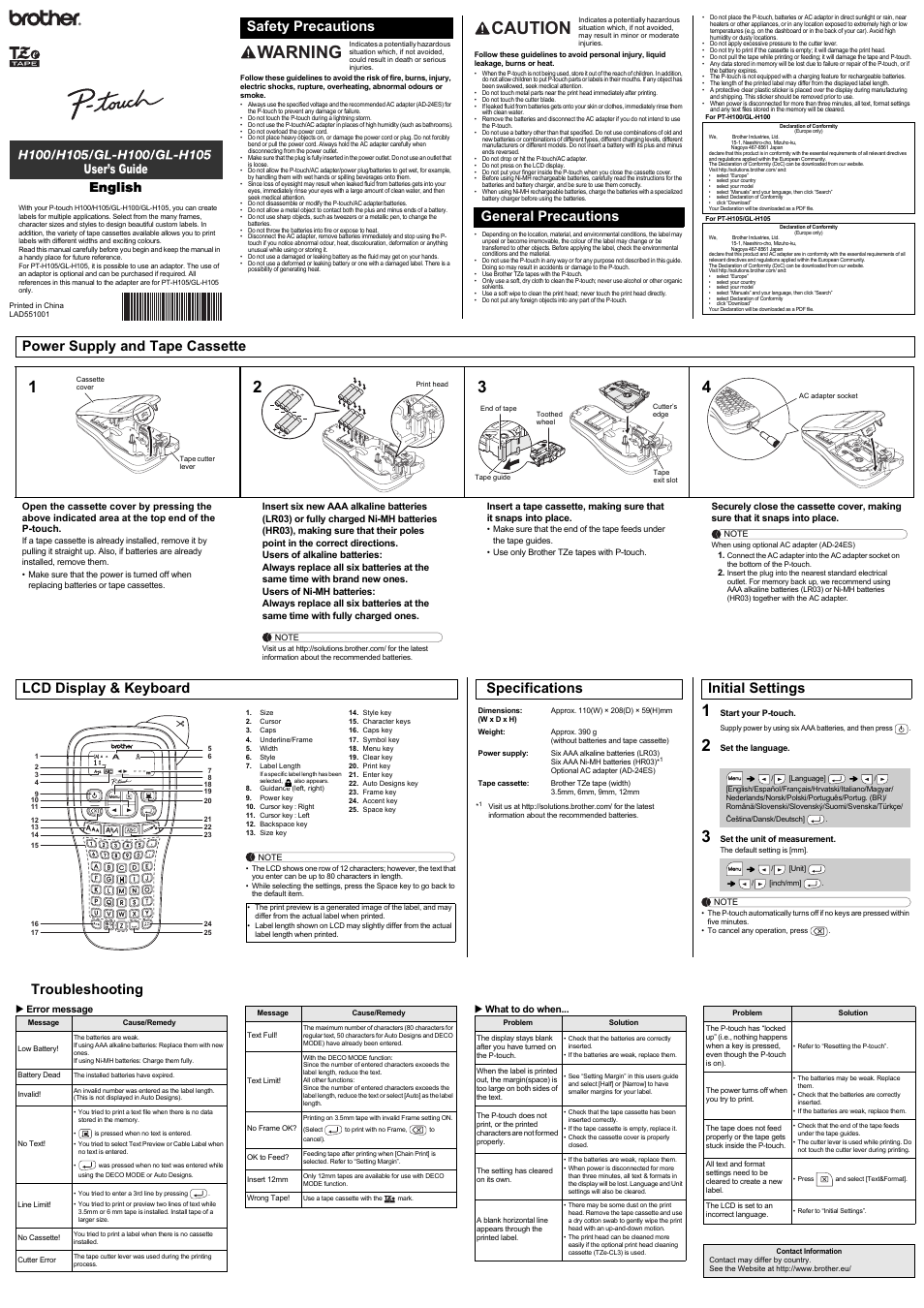 Brother GL-H100 User Manual | 2 pages