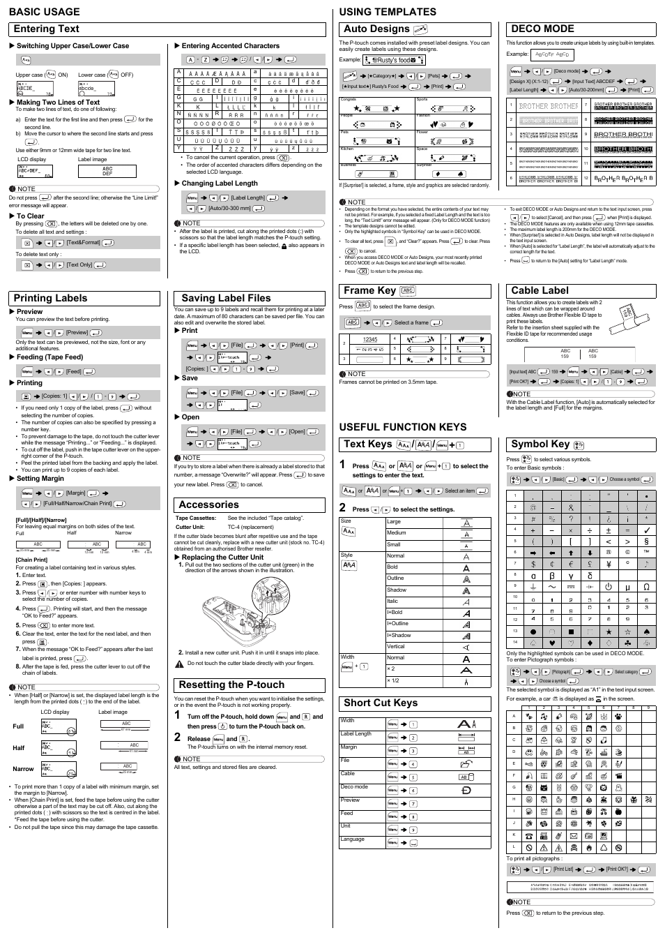 Basic usage, Entering text, Printing labels | Saving label files, Accessories, Resetting the p-touch using templates, Useful function keys, Auto designs, Deco mode, Frame key | Brother GL-H100 User Manual | Page 2 / 2