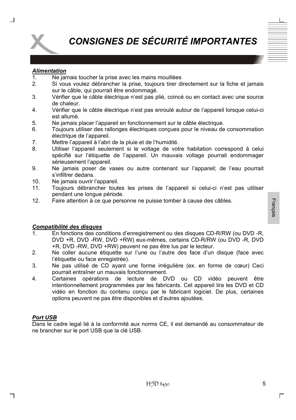 Consignes de sécurité importantes | Xoro HSD 8450 User Manual | Page 161 / 262