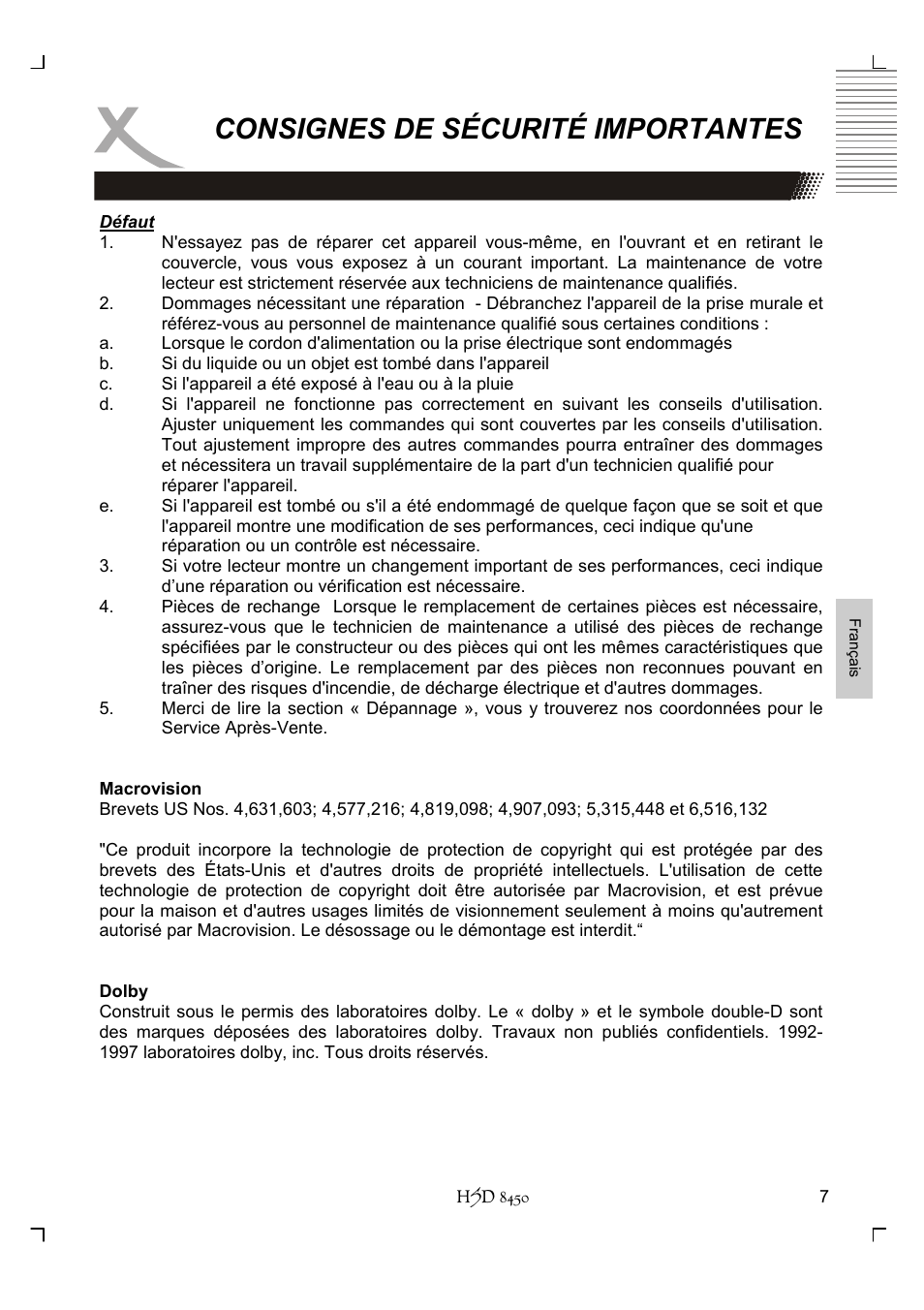 Consignes de sécurité importantes | Xoro HSD 8450 User Manual | Page 163 / 262