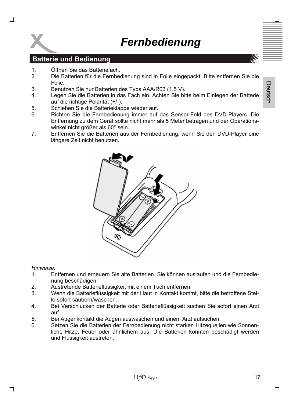 Fernbedienung | Xoro HSD 8450 User Manual | Page 17 / 262