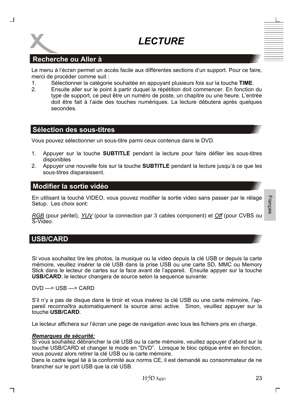 Lecture, Sélection des sous-titres recherche ou aller à, Modifier la sortie vidéo usb/card | Xoro HSD 8450 User Manual | Page 179 / 262