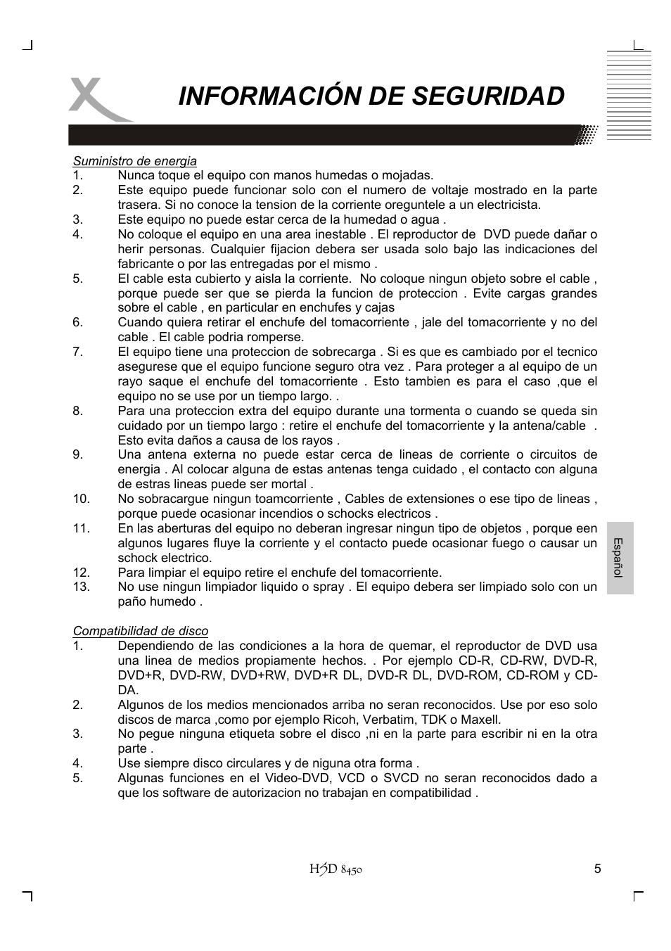 Información de seguridad | Xoro HSD 8450 User Manual | Page 213 / 262