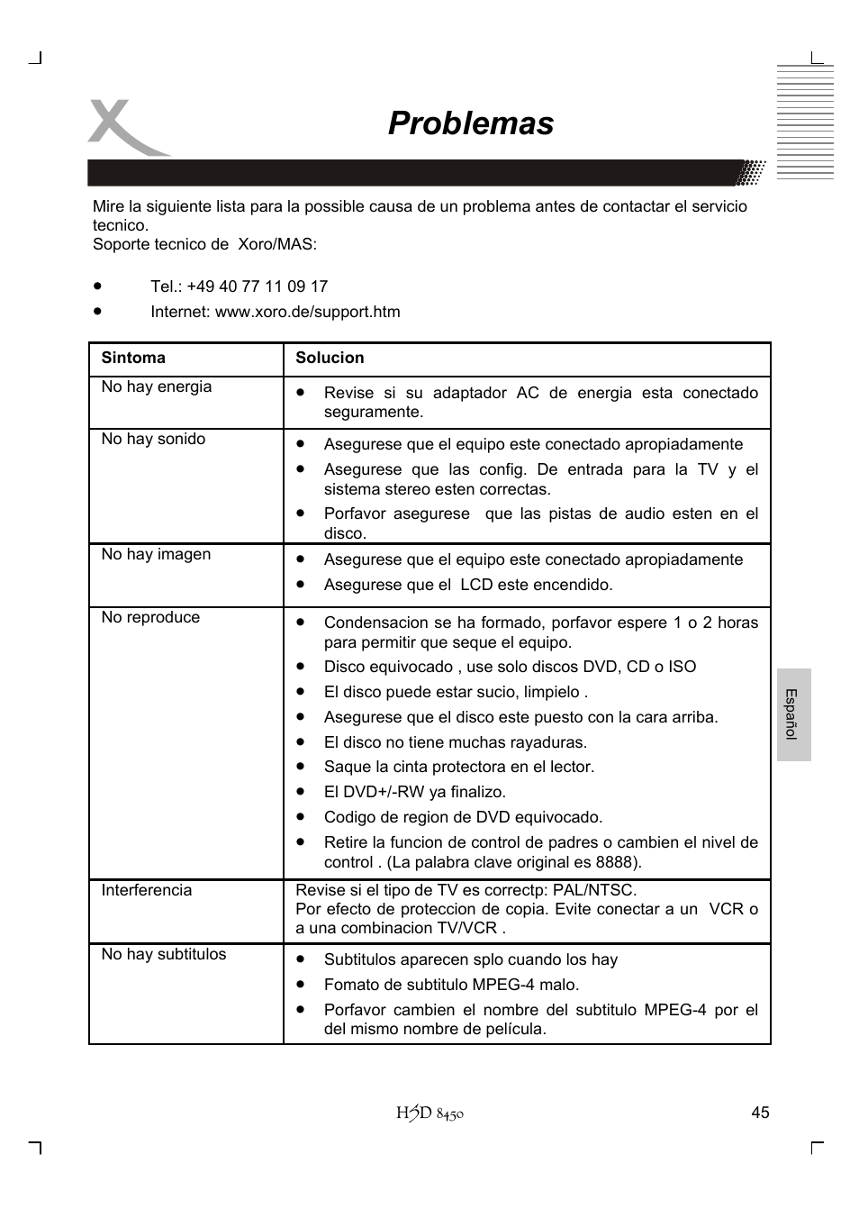 Problemas | Xoro HSD 8450 User Manual | Page 253 / 262