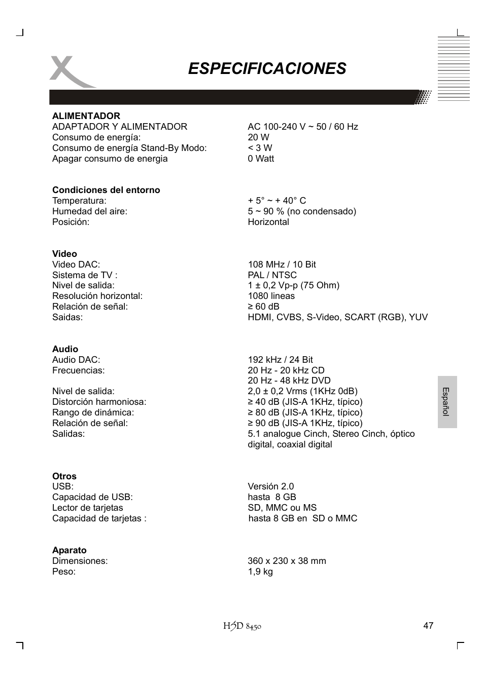 Especificaciones | Xoro HSD 8450 User Manual | Page 255 / 262