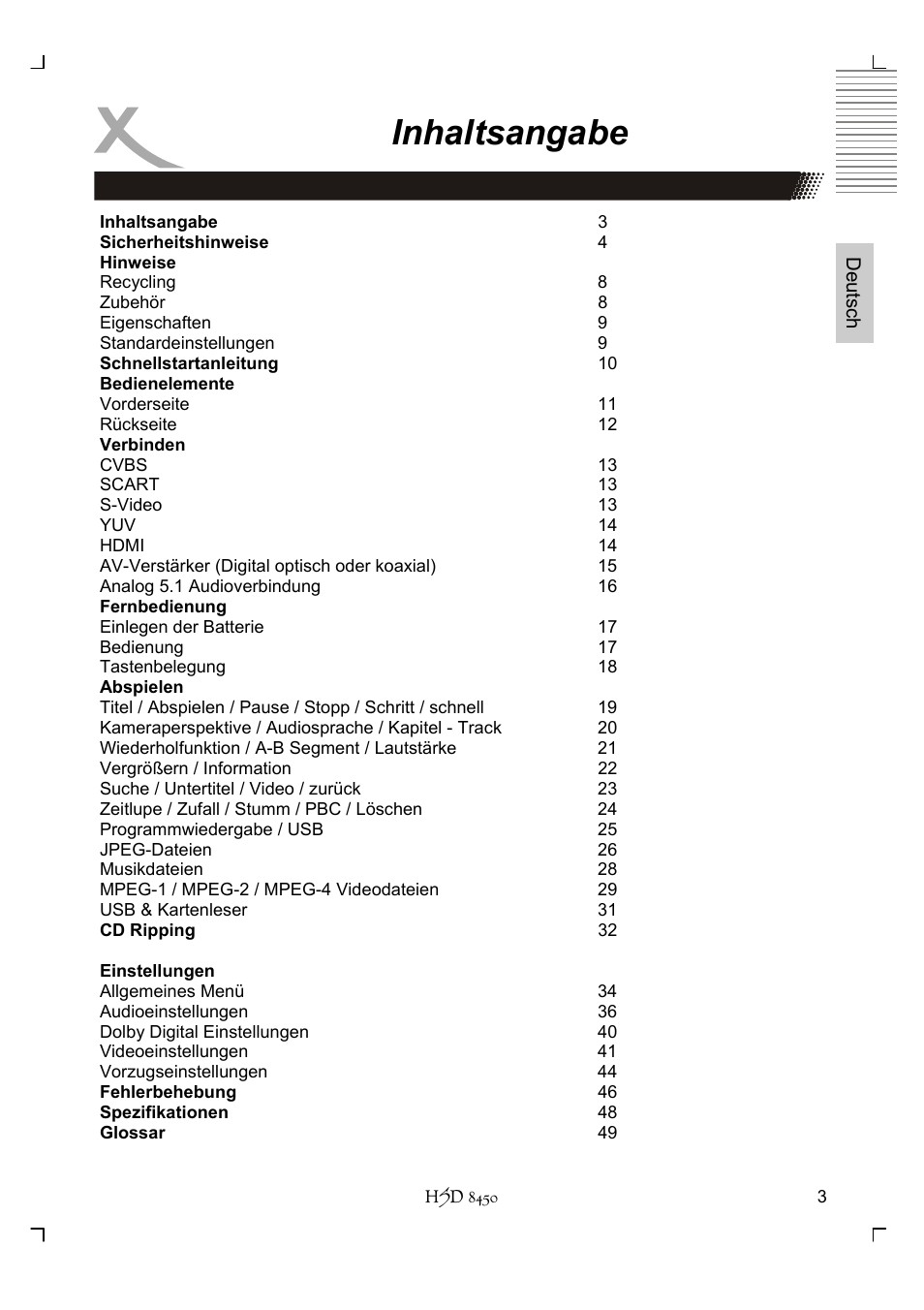 Inhaltsangabe | Xoro HSD 8450 User Manual | Page 3 / 262