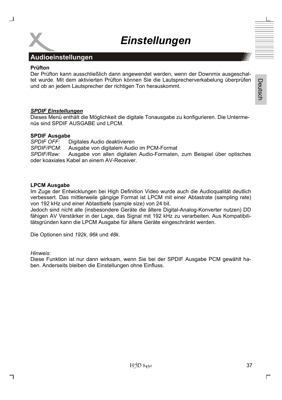 Einstellungen | Xoro HSD 8450 User Manual | Page 37 / 262