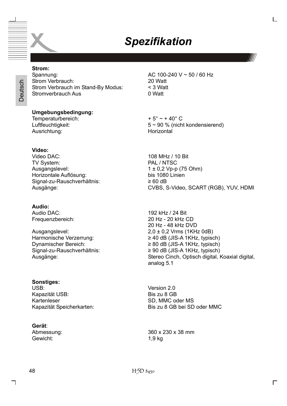 Spezifikation | Xoro HSD 8450 User Manual | Page 48 / 262