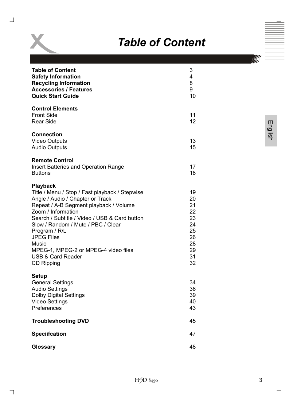 Table of content | Xoro HSD 8450 User Manual | Page 55 / 262