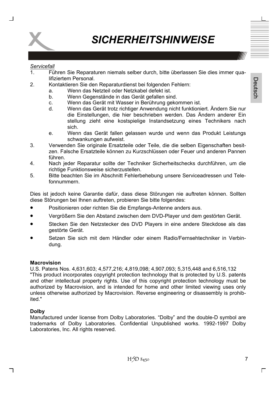 Sicherheitshinweise | Xoro HSD 8450 User Manual | Page 7 / 262