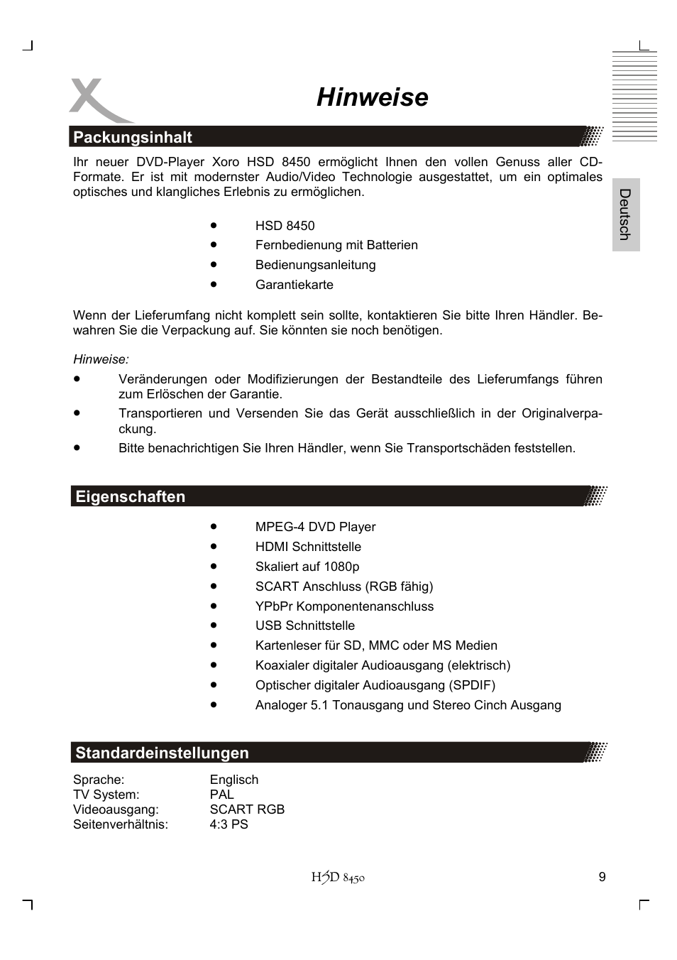 Hinweise | Xoro HSD 8450 User Manual | Page 9 / 262