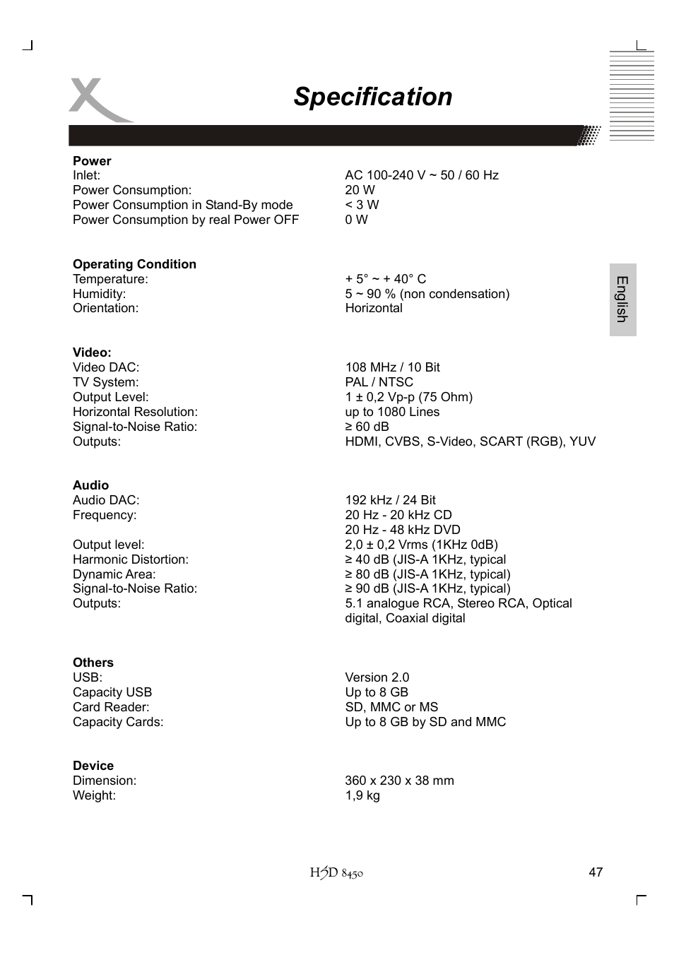 Specification | Xoro HSD 8450 User Manual | Page 99 / 262