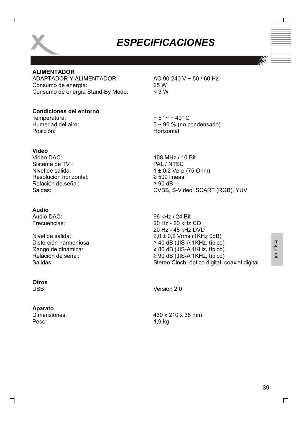 Especificaciones | Xoro HSD 2220 User Manual | Page 213 / 220