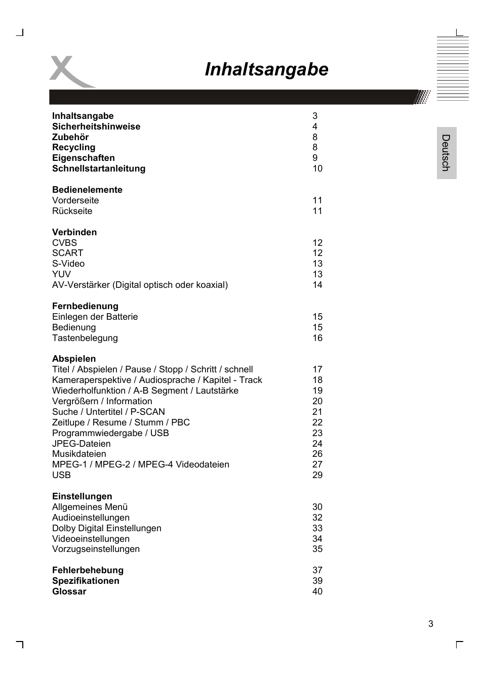 Inhaltsangabe | Xoro HSD 2220 User Manual | Page 3 / 220