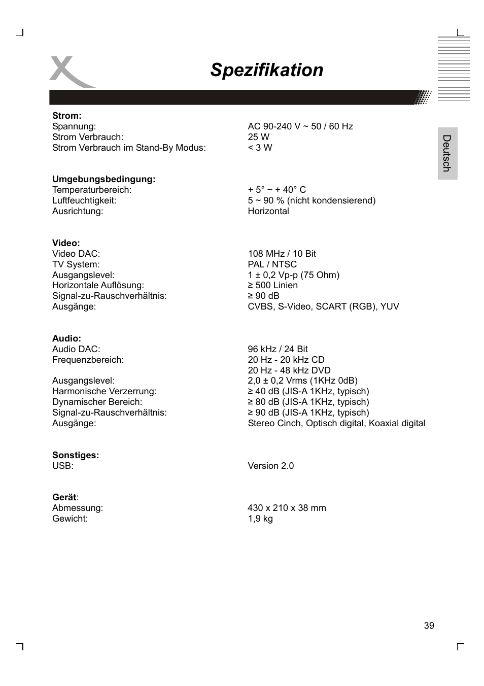 Spezifikation | Xoro HSD 2220 User Manual | Page 39 / 220