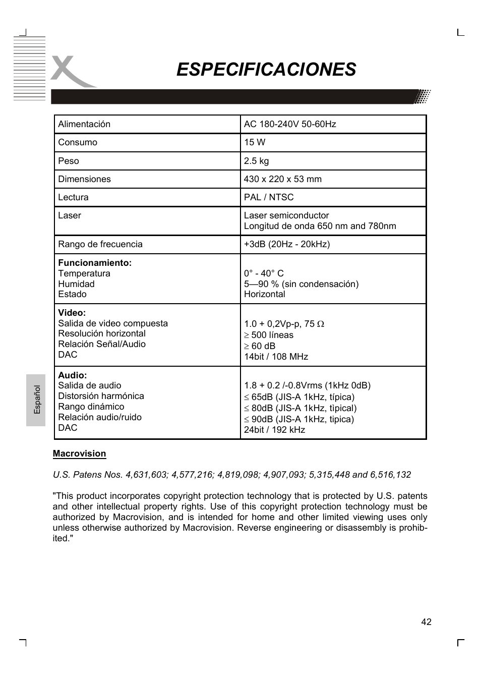 Especificaciones | Xoro HSD 8430 User Manual | Page 234 / 243