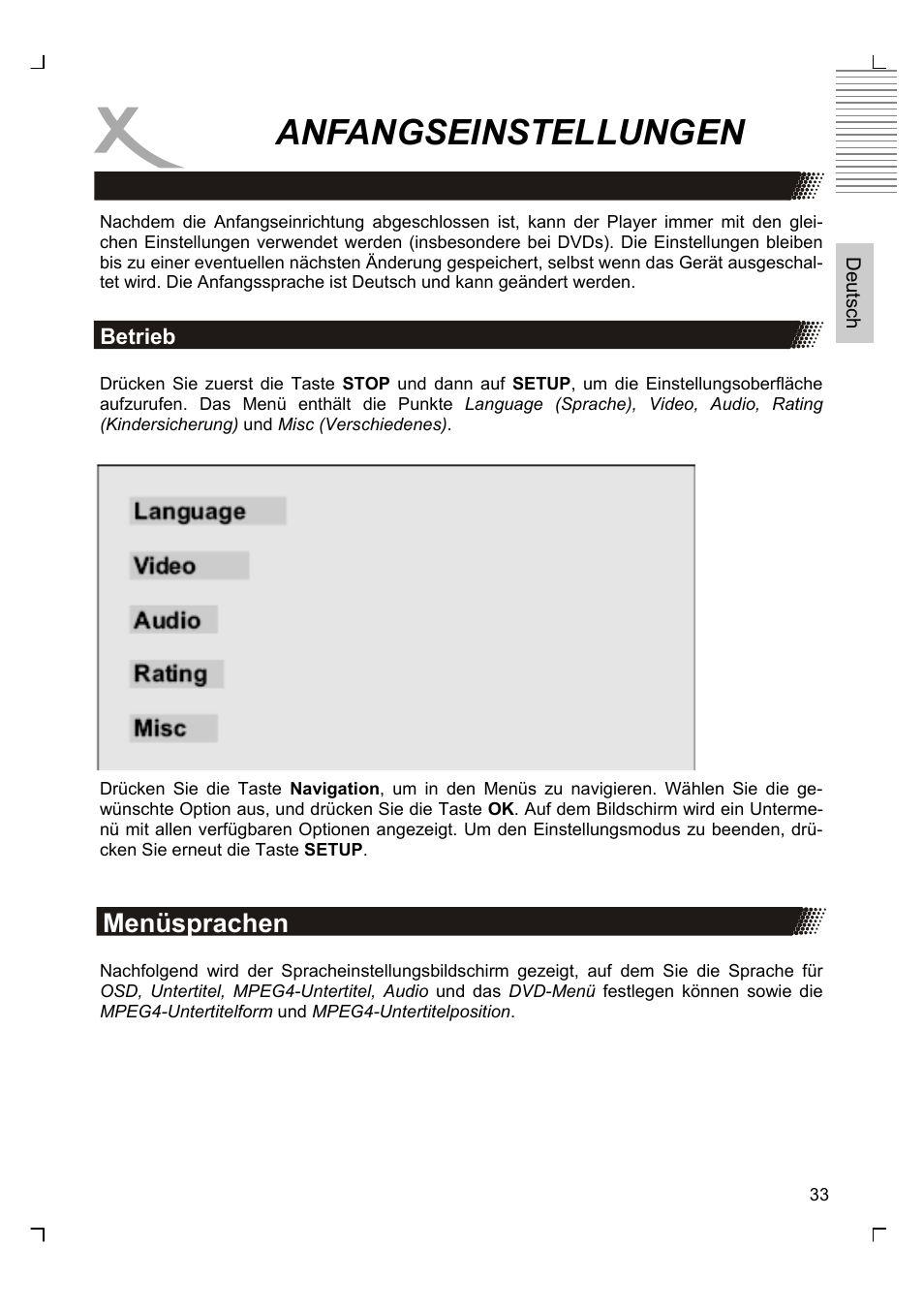 Anfangseinstellungen, Menüsprachen | Xoro HSD 8430 User Manual | Page 33 / 243
