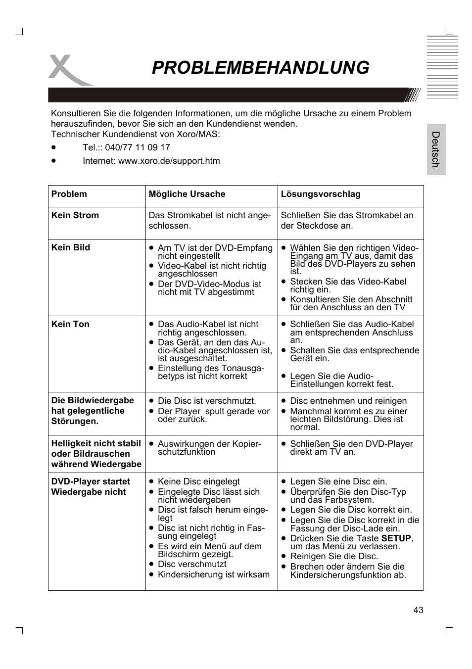Problembehandlung | Xoro HSD 8430 User Manual | Page 43 / 243