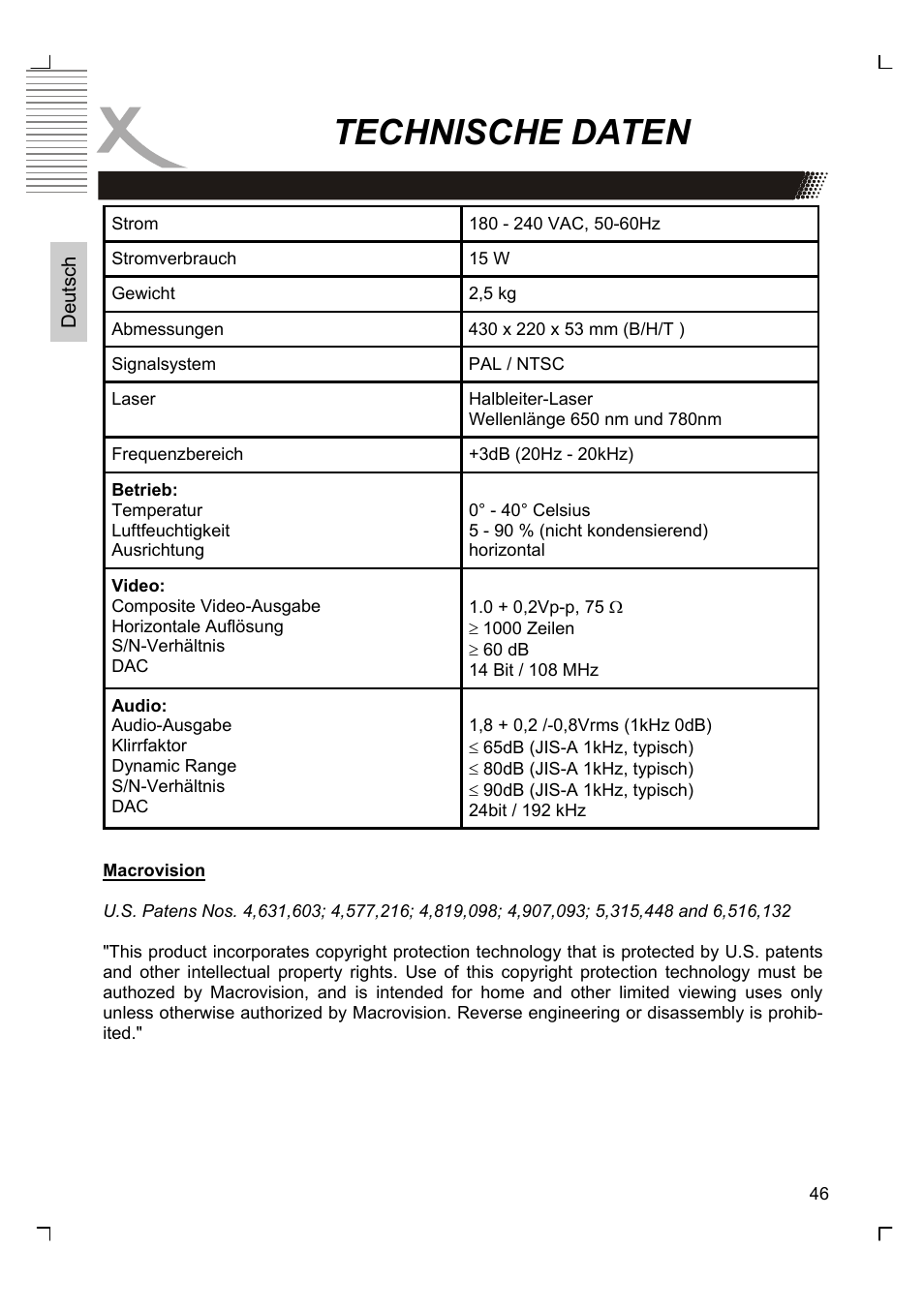 Technische daten | Xoro HSD 8430 User Manual | Page 46 / 243