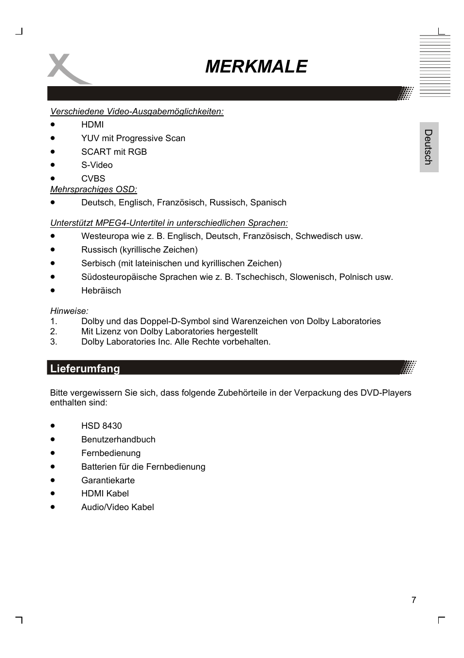 Merkmale | Xoro HSD 8430 User Manual | Page 7 / 243