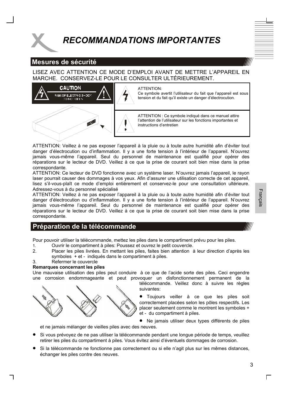 Recommandations importantes, Mesures de sécurité, Préparation de la télécommande | Xoro HSD 8420 User Manual | Page 103 / 170