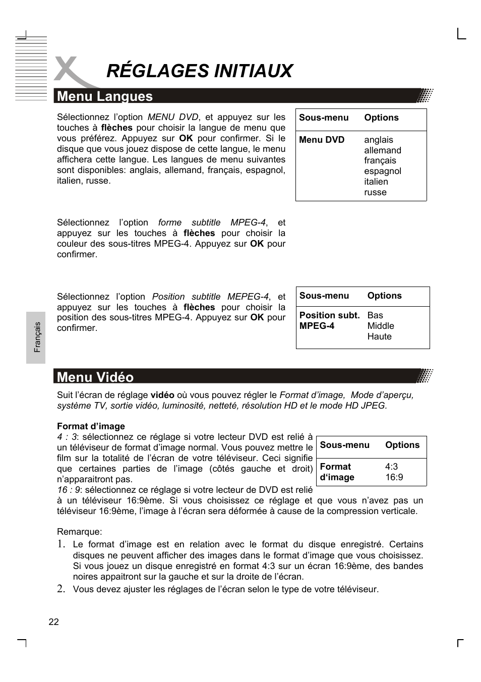 Réglages initiaux, Menu langues, Menu vidéo | Xoro HSD 8420 User Manual | Page 122 / 170