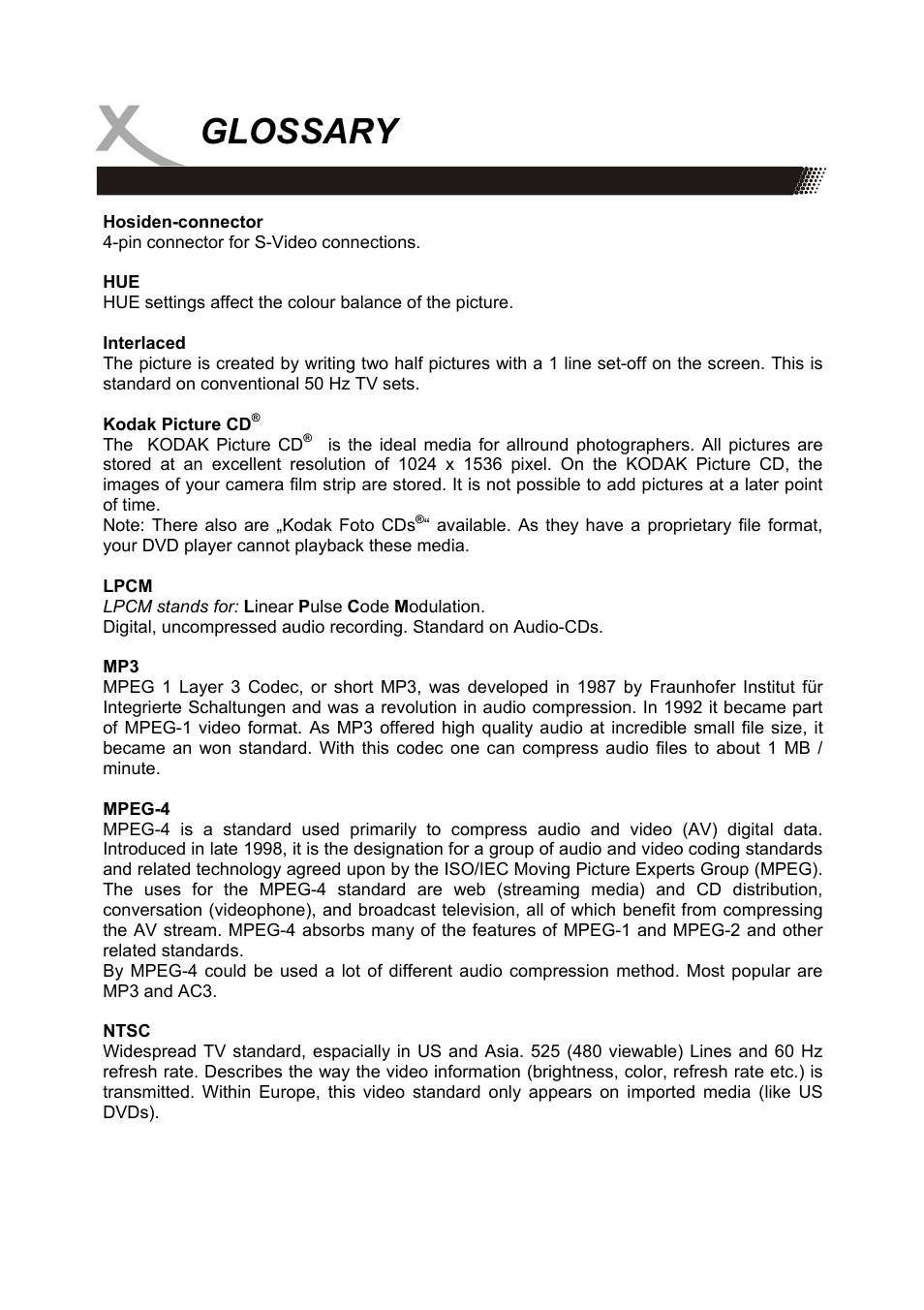 Glossary | Xoro HSD 8420 User Manual | Page 166 / 170
