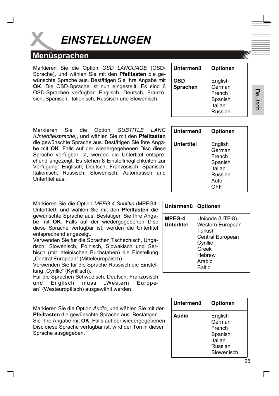 Einstellungen, Menüsprachen | Xoro HSD 8420 User Manual | Page 25 / 170