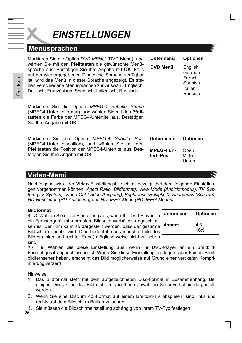Einstellungen, Menüsprachen, Video-menü | Xoro HSD 8420 User Manual | Page 26 / 170