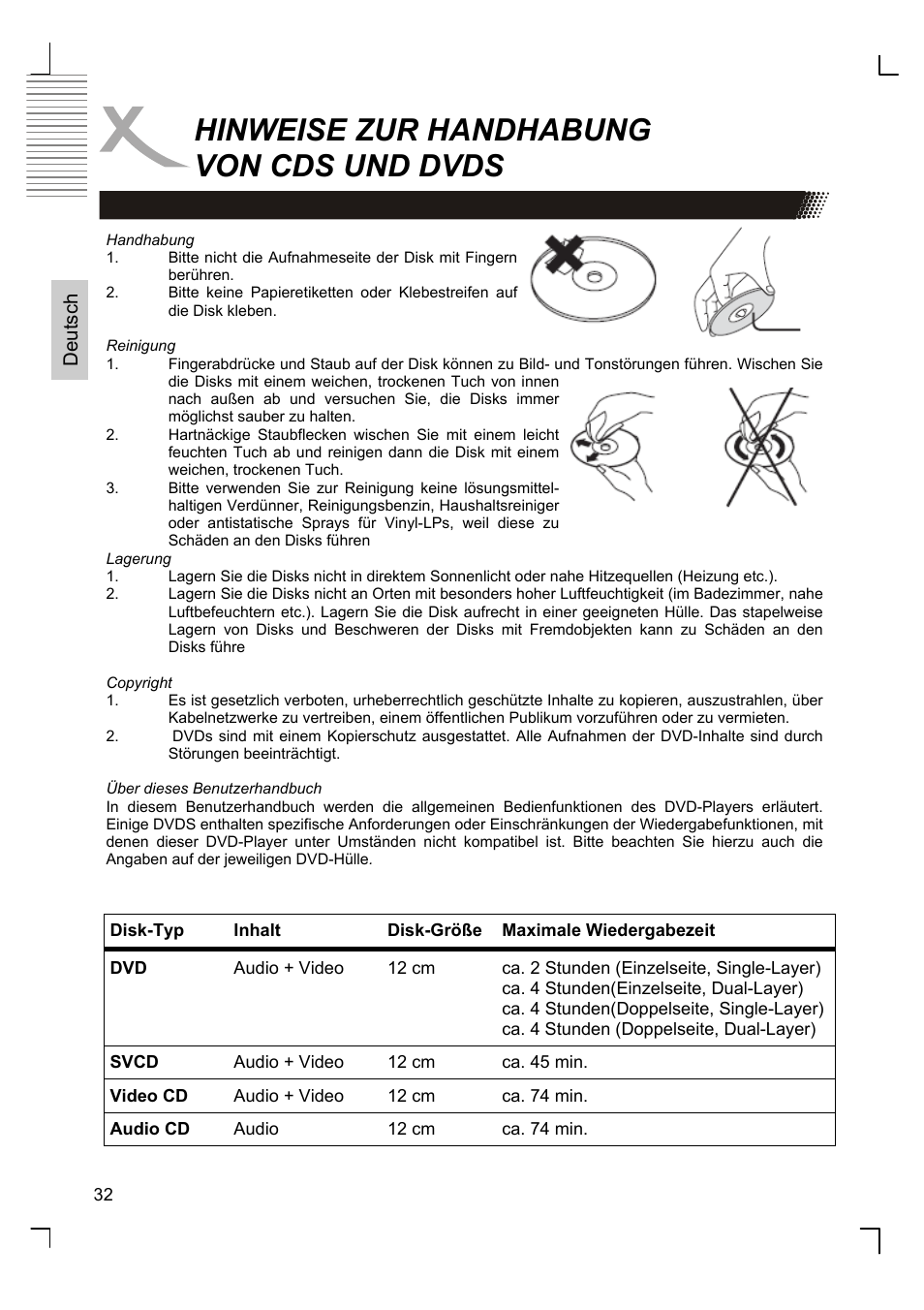 Hinweise zur handhabung von cds und dvds | Xoro HSD 8420 User Manual | Page 32 / 170