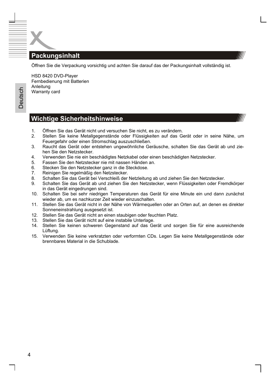 Packungsinhalt, Wichtige sicherheitshinweise, Deutsch | Xoro HSD 8420 User Manual | Page 4 / 170