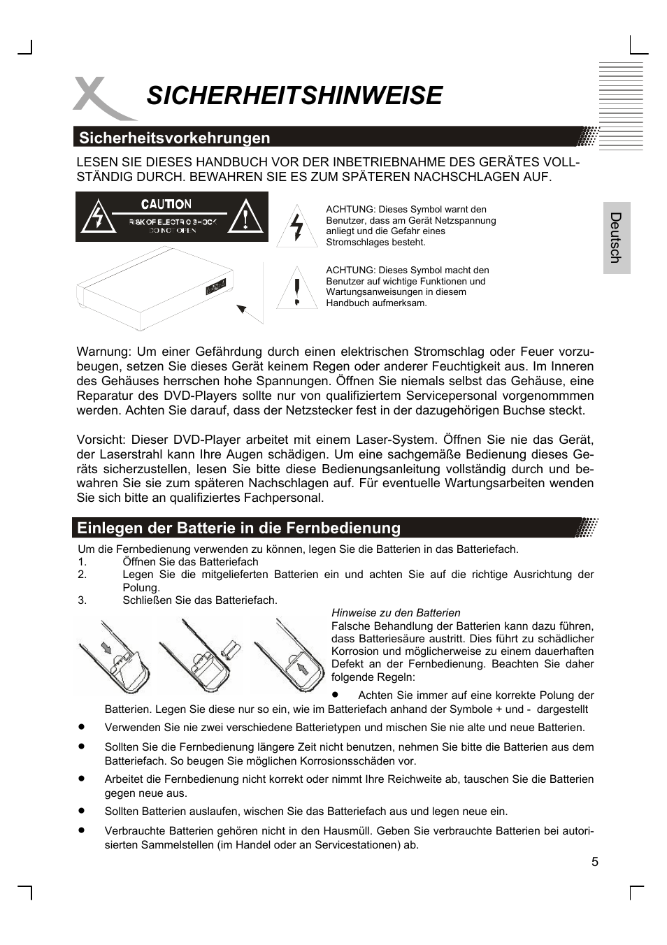 Sicherheitshinweise, Sicherheitsvorkehrungen, Einlegen der batterie in die fernbedienung | Xoro HSD 8420 User Manual | Page 5 / 170