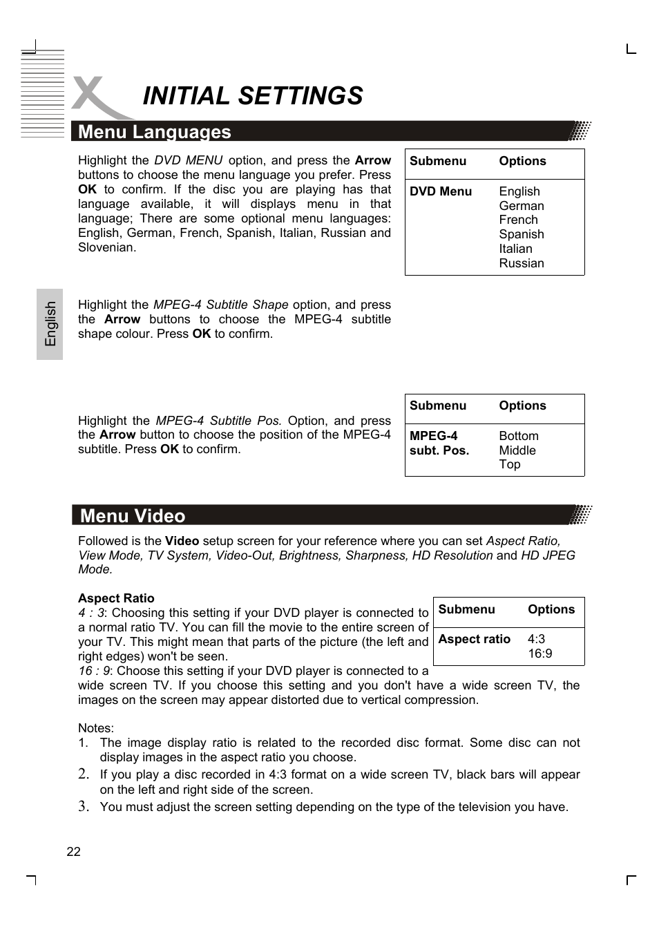 Initial settings, Menu languages, Menu video | Xoro HSD 8420 User Manual | Page 58 / 170