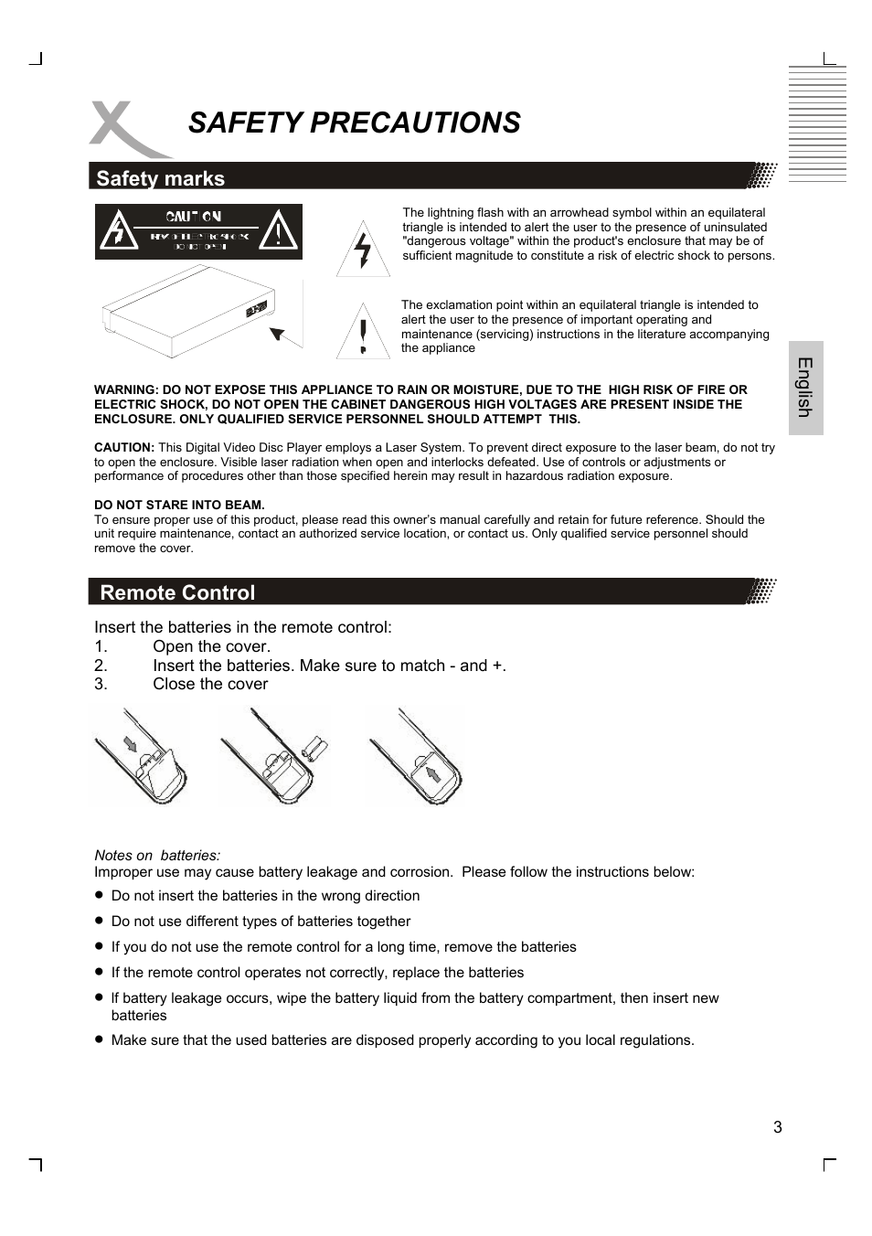 Safety precautions, Safety marks, Remote control | Xoro HSD 2200 User Manual | Page 17 / 59