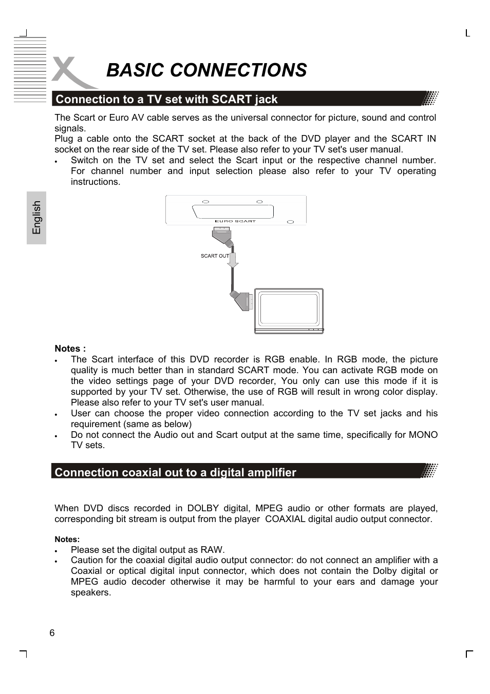 Basic connections, Connection to a tv set with scart jack, Connection coaxial out to a digital amplifier | Xoro HSD 2200 User Manual | Page 20 / 59