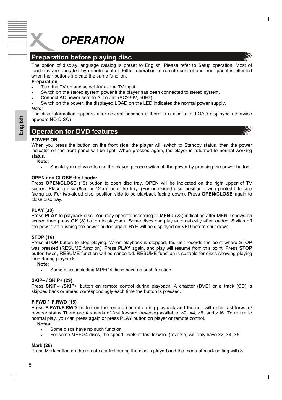 Operation, Preparation before playing disc, Operation for dvd features | Engl ish | Xoro HSD 2200 User Manual | Page 22 / 59