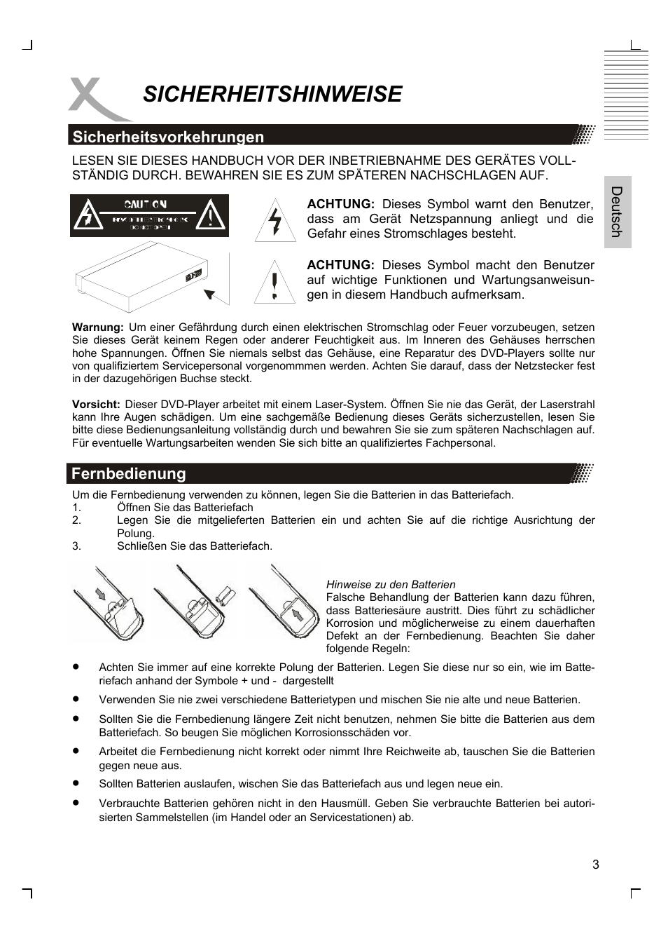 Sicherheitshinweise, Sicherheitsvorkehrungen, Fernbedienung | Xoro HSD 2200 User Manual | Page 3 / 59