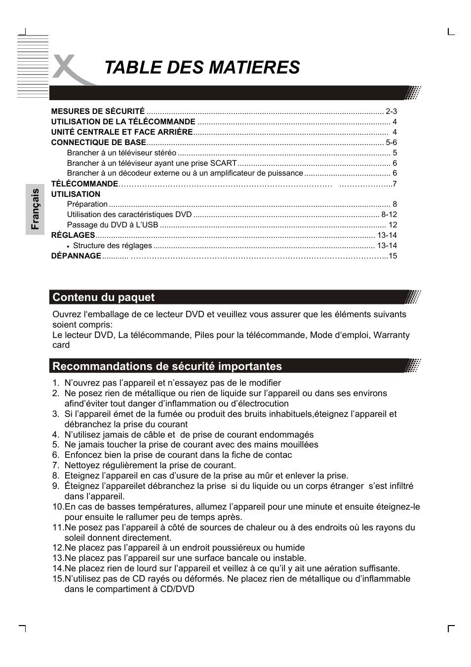 Table des matieres, Recommandations de sécurité importantes, Contenu du paquet | Xoro HSD 2200 User Manual | Page 30 / 59