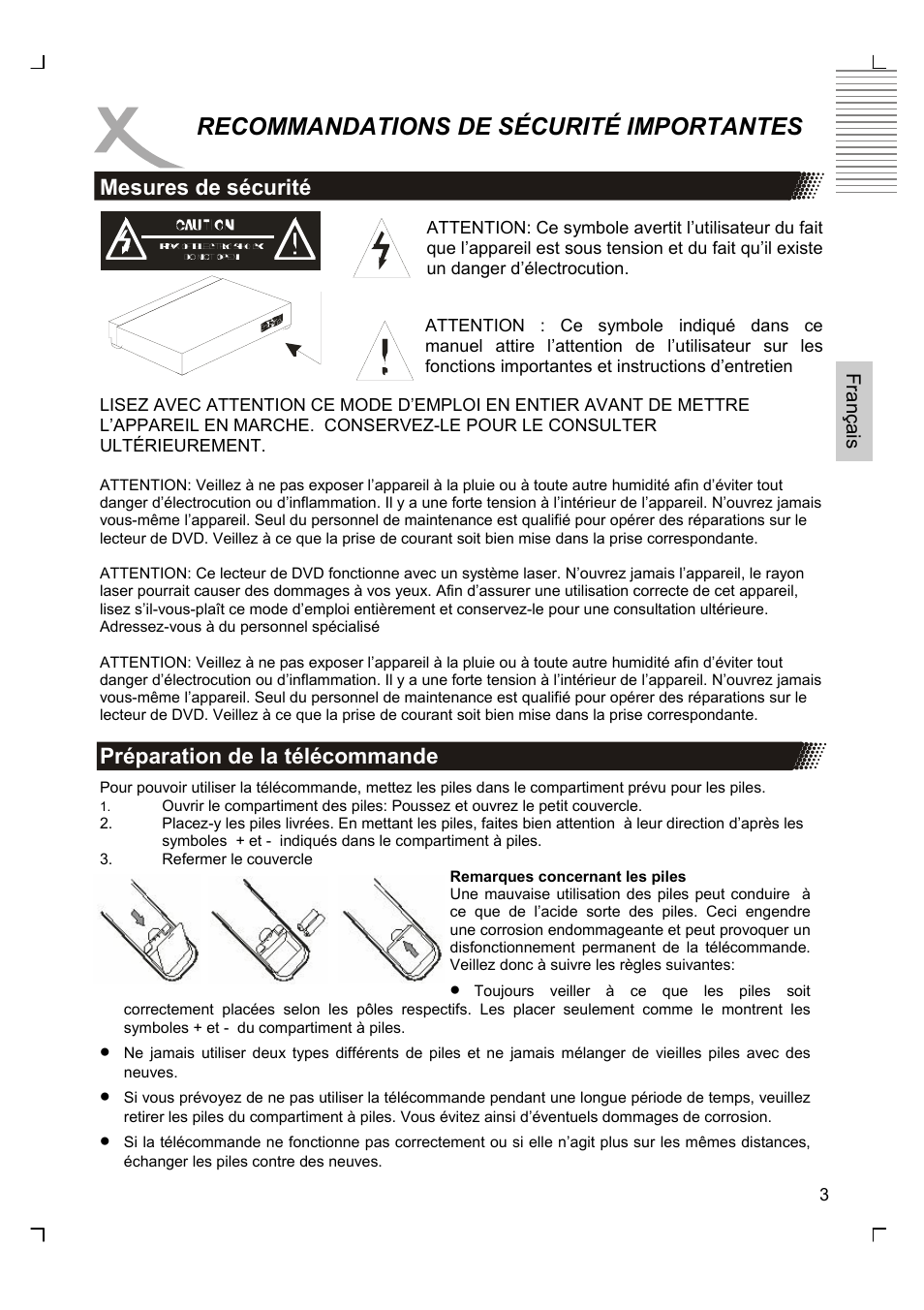 Recommandations de sécurité importantes, Mesures de sécurité, Préparation de la télécommande | Xoro HSD 2200 User Manual | Page 31 / 59