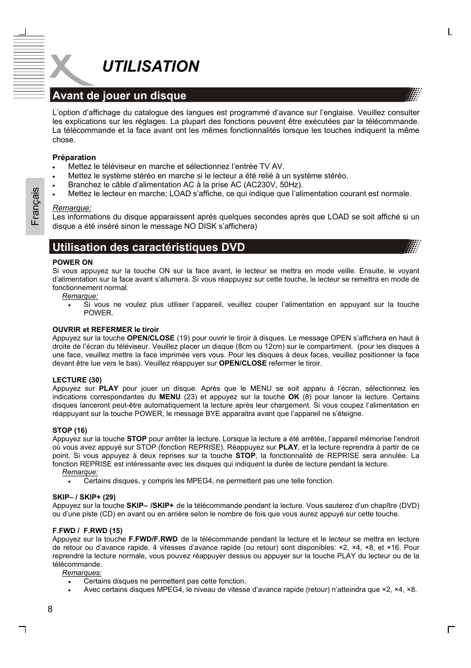 Utilisation, Avant de jouer un disque, Utilisation des caractéristiques dvd | Français | Xoro HSD 2200 User Manual | Page 36 / 59