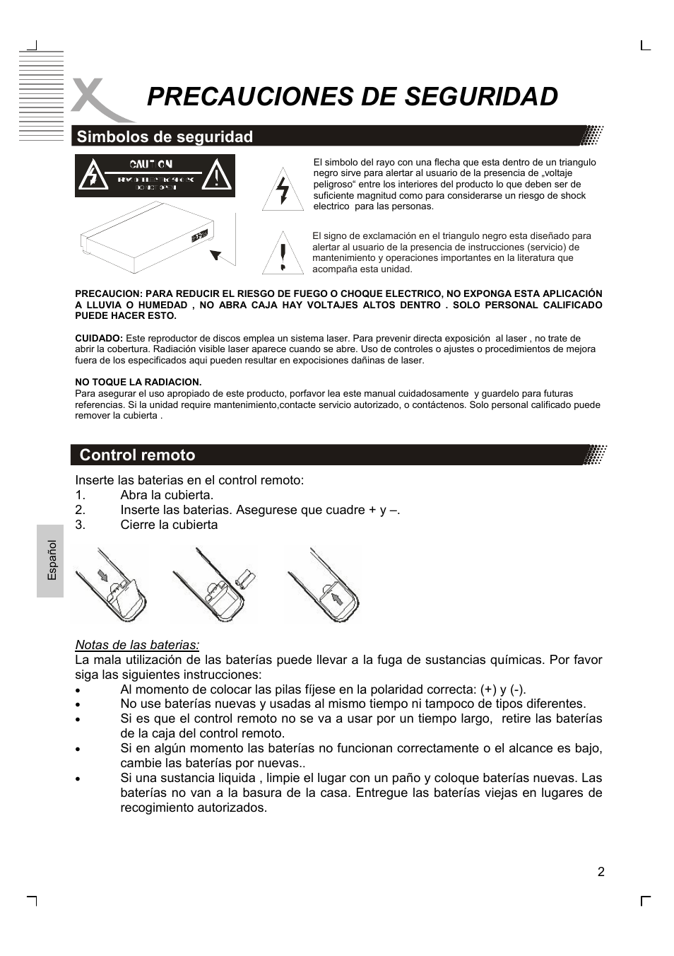Precauciones de seguridad, Simbolos de seguridad, Control remoto | Xoro HSD 2200 User Manual | Page 46 / 59