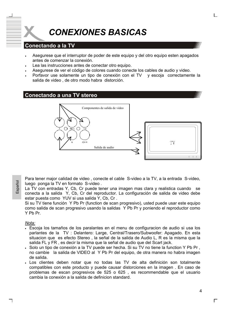 Conexiones basicas, Conectando a la tv conectando a una tv stereo | Xoro HSD 2200 User Manual | Page 48 / 59