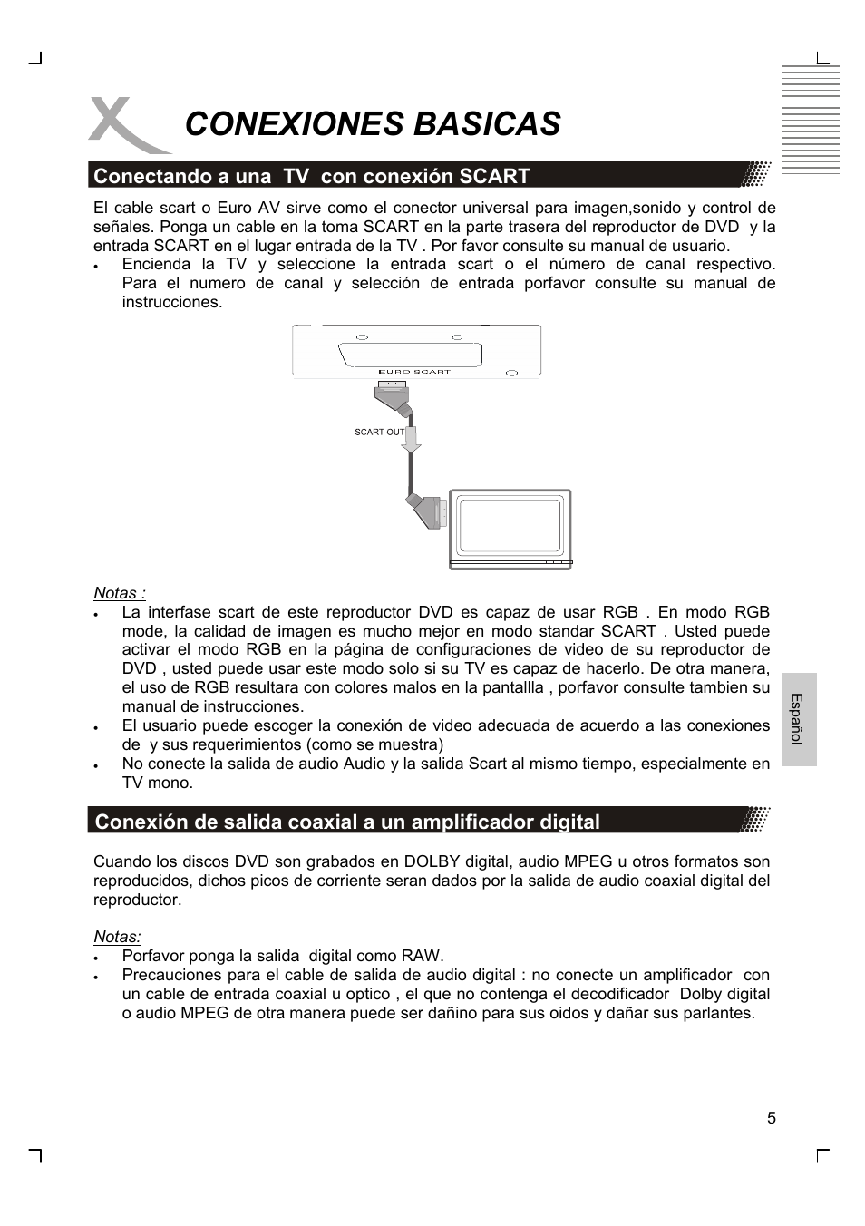 Conexiones basicas, Conectando a una tv con conexión scart | Xoro HSD 2200 User Manual | Page 49 / 59