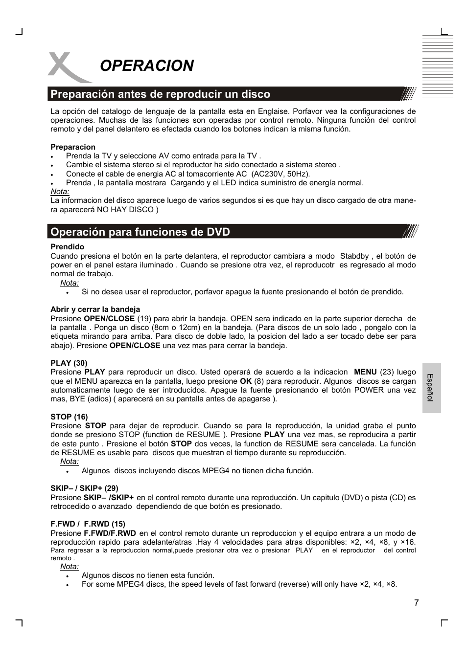 Operacion, Preparación antes de reproducir un disco, Operación para funciones de dvd | Xoro HSD 2200 User Manual | Page 51 / 59