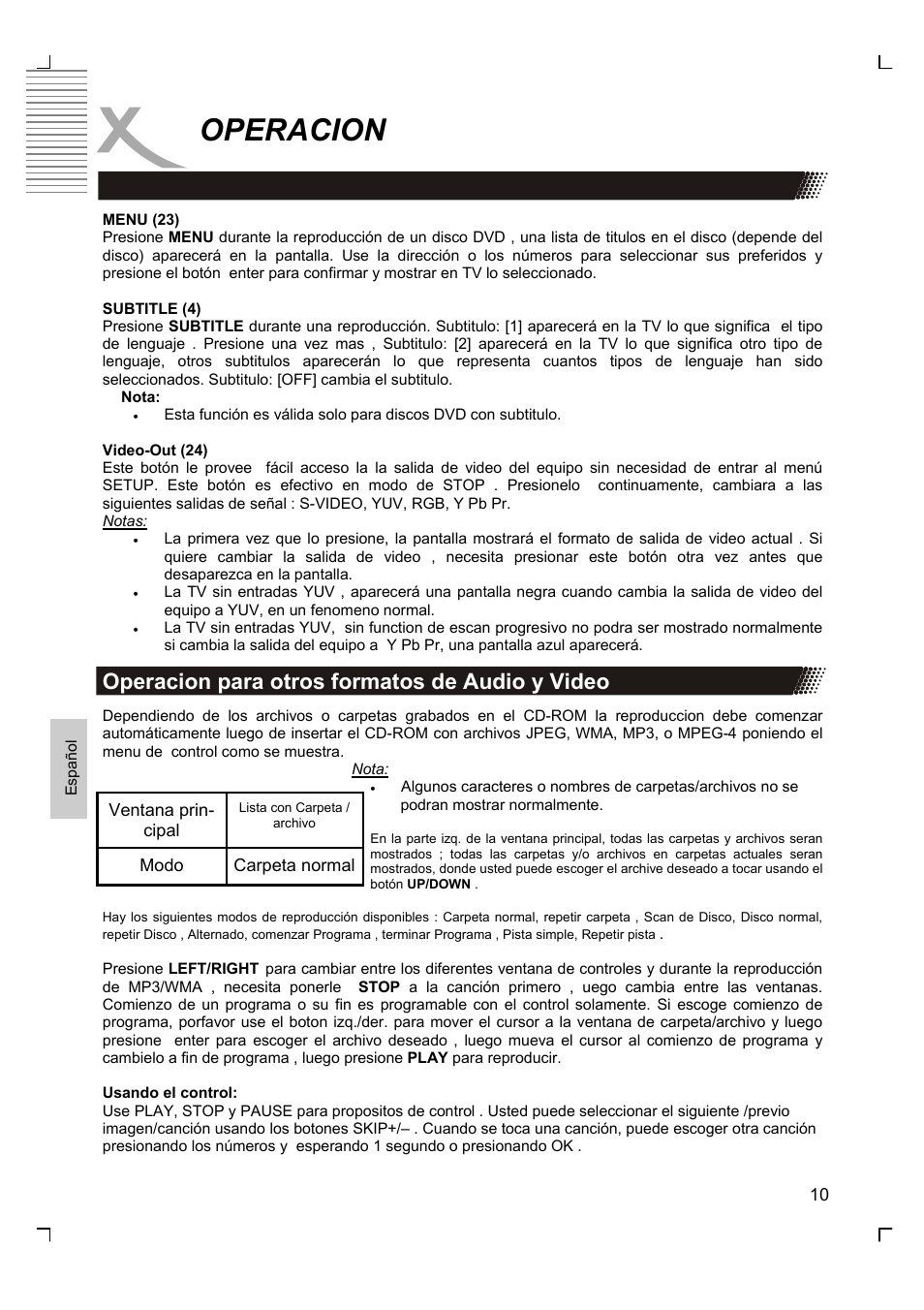Operacion, Operacion para otros formatos de audio y video | Xoro HSD 2200 User Manual | Page 54 / 59