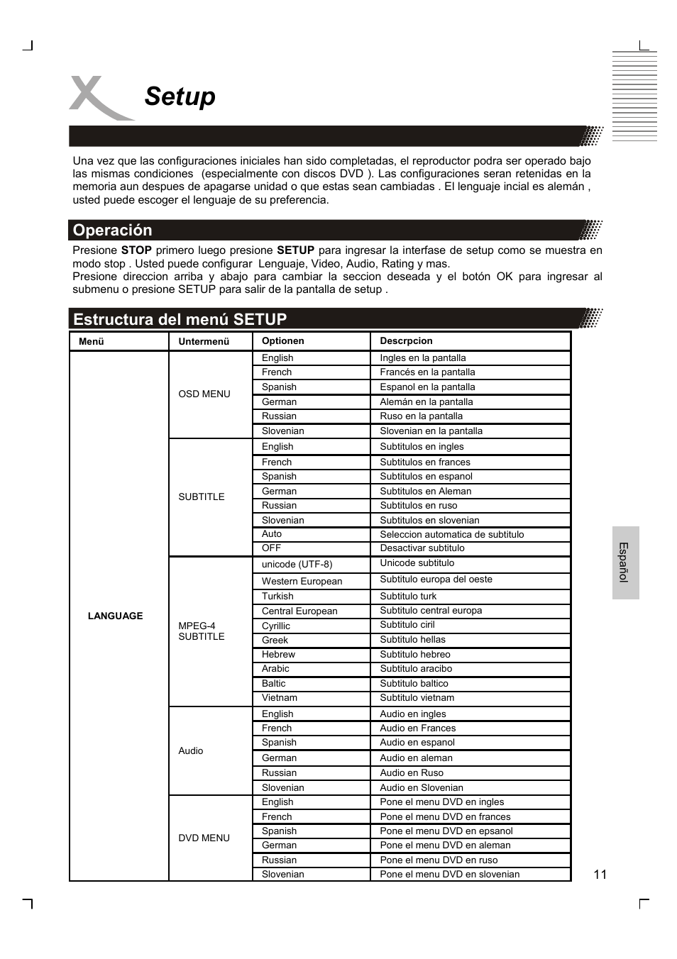 Setup, Operación, Estructura del menú setup | Xoro HSD 2200 User Manual | Page 55 / 59