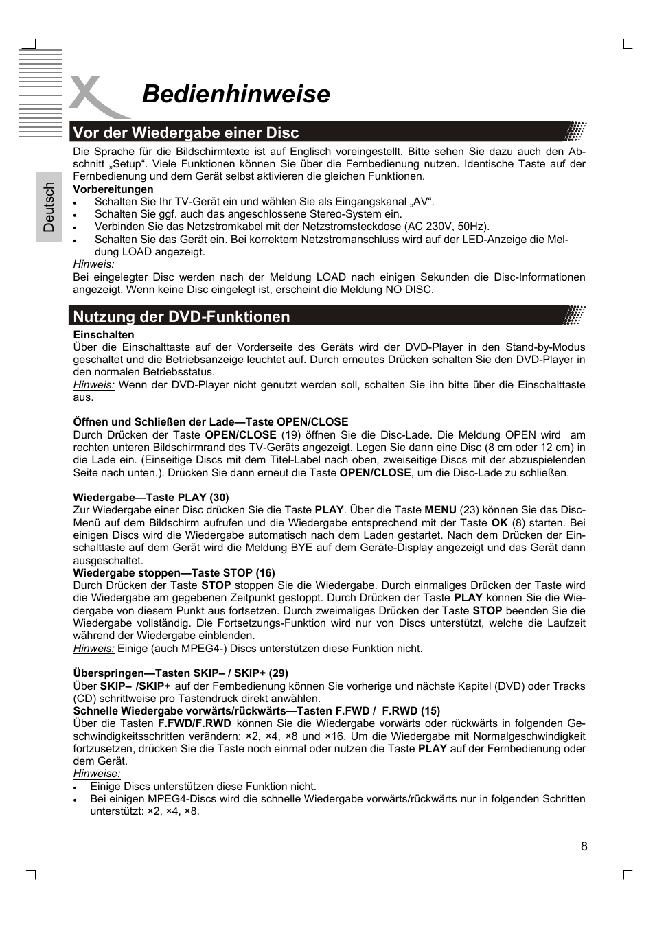 Bedienhinweise, Vor der wiedergabe einer disc, Nutzung der dvd-funktionen | Deutsch | Xoro HSD 2200 User Manual | Page 8 / 59