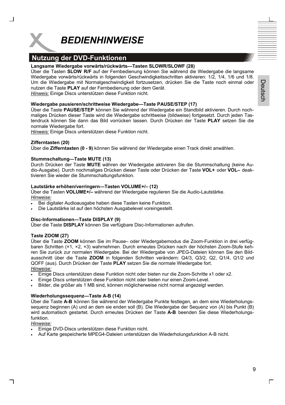 Bedienhinweise, Nutzung der dvd-funktionen, Deutsch | Xoro HSD 2200 User Manual | Page 9 / 59