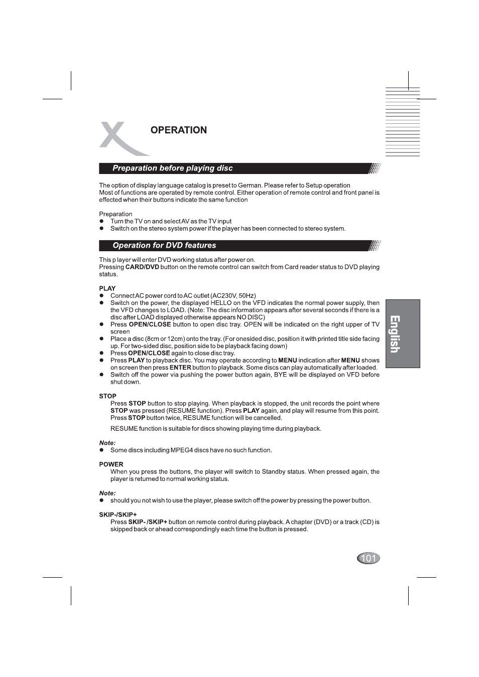 Preparation before playing disc, Operation for dvd features, Operation | Xoro HSD 4000 User Manual | Page 101 / 164