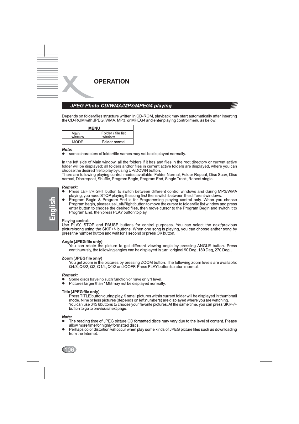 Jpeg photo cd/wma/mp3/mpeg4 playing, Operation | Xoro HSD 4000 User Manual | Page 106 / 164